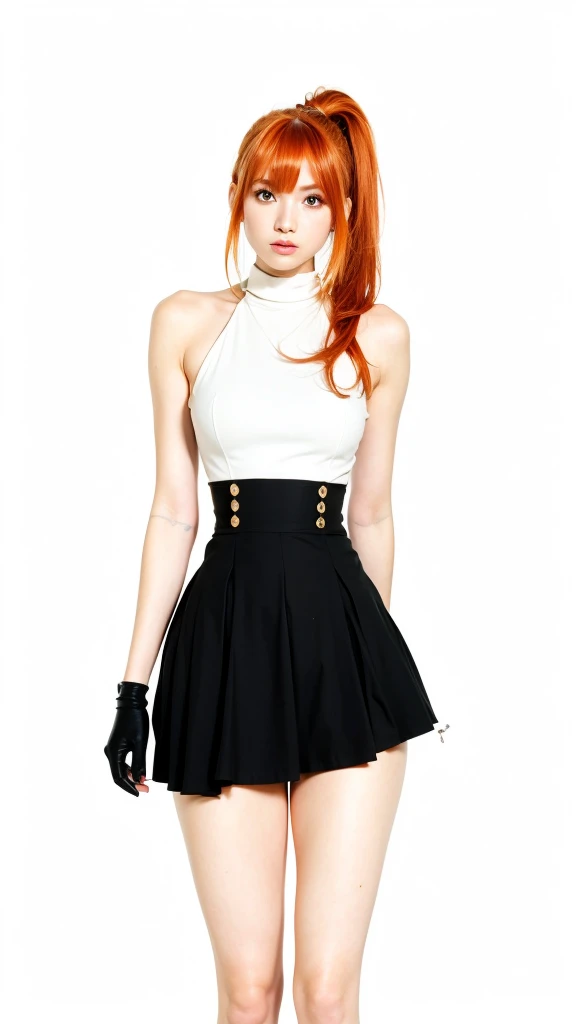 1 girl, long hair side tail, orange color hair, orange eyes color, white suit, black mini skirt, black shoes, beautiful girl, cool girl, sexy girls, ultra detail, realistic, cosplayer, 80 mn lens 