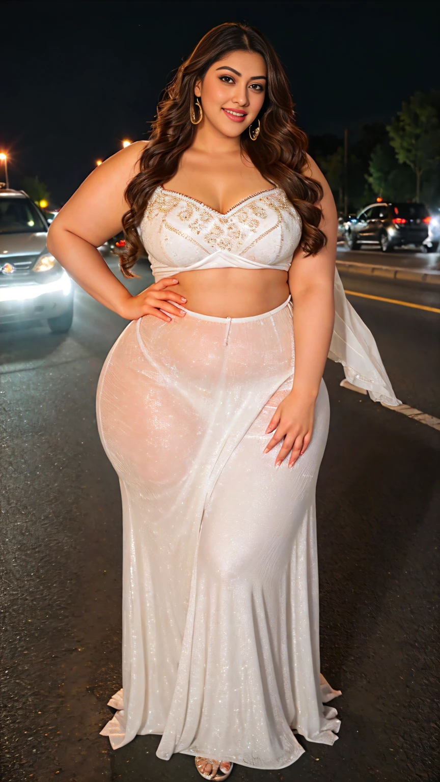 Indian beautiful actress Madhubala sexy curvy plus size body beautiful actress wearing Indian bridal dress with ornaments on the road having white clouds in the night light, camera front facing, smilling face, head to toe view, full body shot, hourglass body shape, curvy plus size body, thick thighs, bigger thick fleshy hips, fleshy thighs, m-cup breasts, full body view, head to to view, full body shot, beautiful curves, curvy model, attractive curves, attractive feminine curves, gorgeous woman, road having white clouds in the night light background,