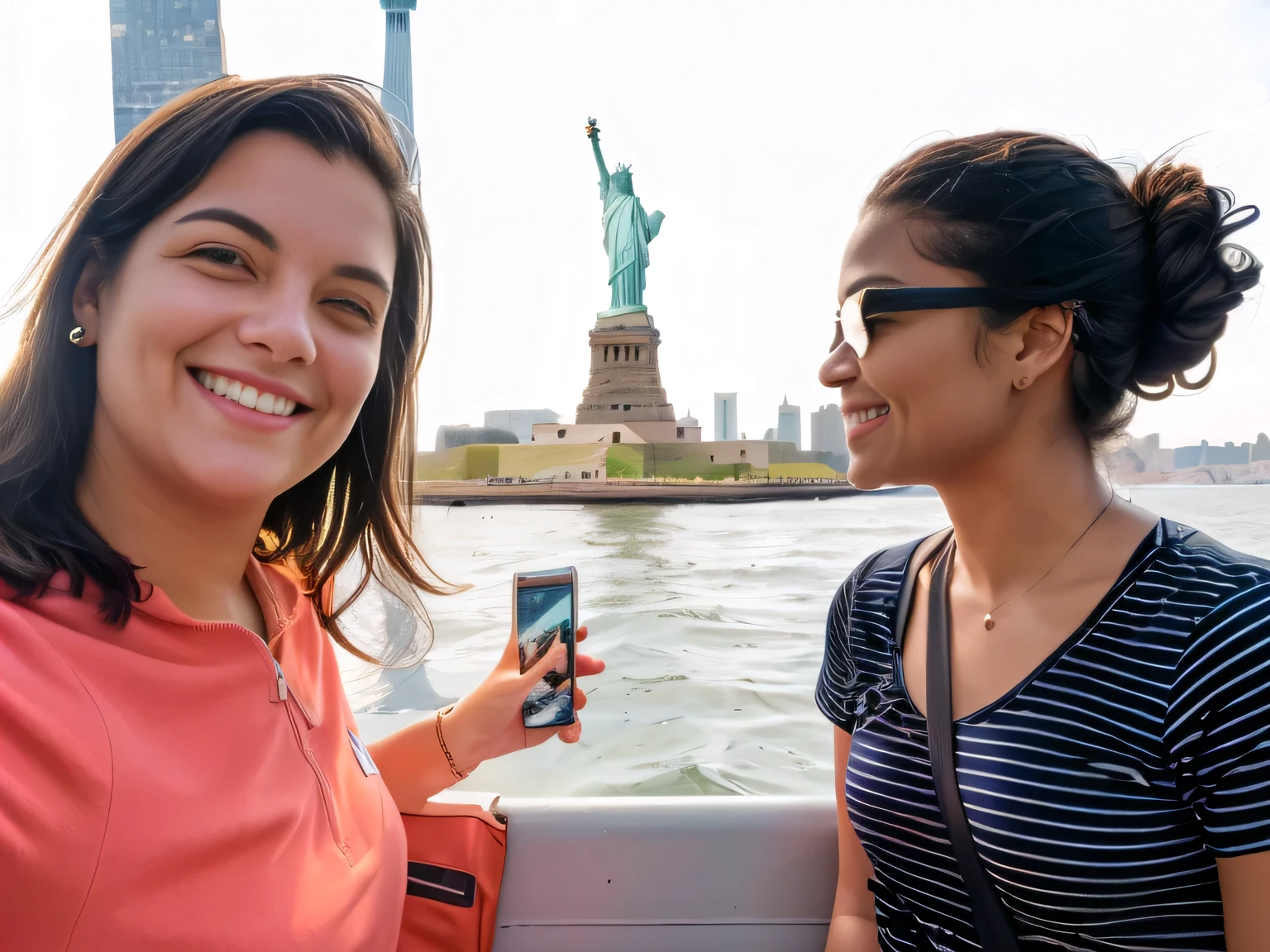 woman holding a cell phone and smiling at the camera, on liberty island, statue of liberty at left, statue of liberty, photo of the statue of liberty, the statue of liberty, in the middle of new york, liberty statue sitdown pose, tourists in background, usa-sep 20, scenic full shot, interior of staten island ferry, very accurate photo
