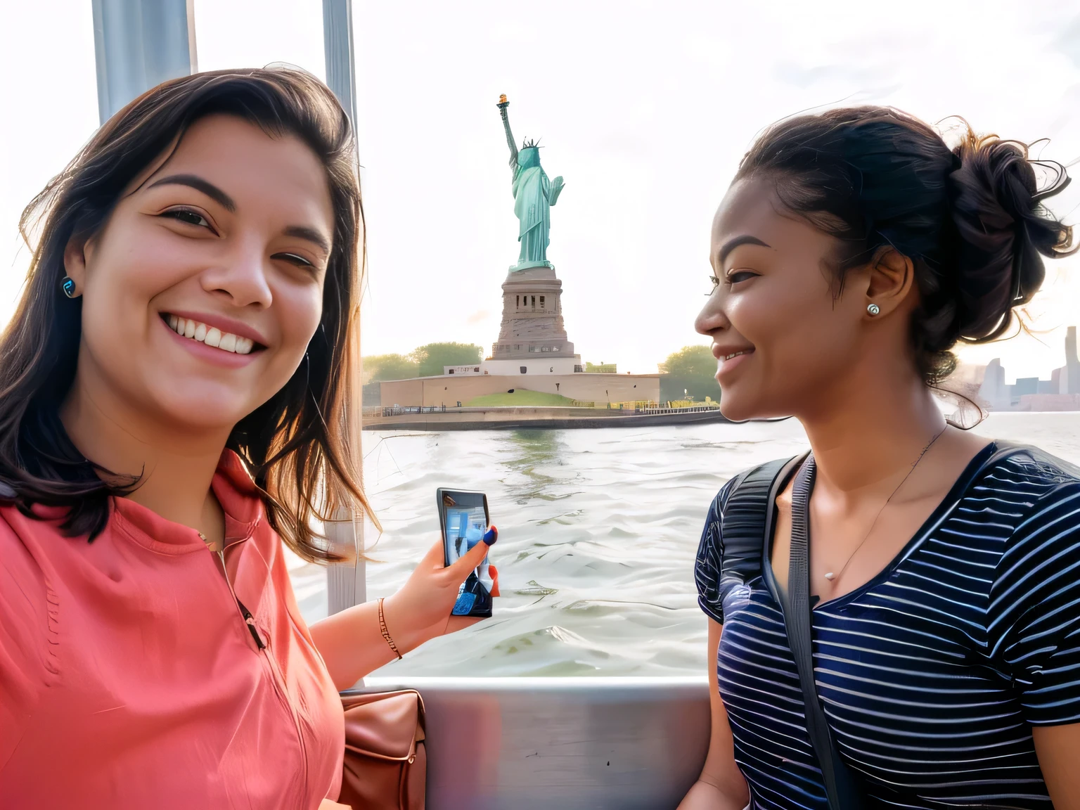 woman holding a cell phone and smiling at the camera, on liberty island, statue of liberty at left, statue of liberty, photo of the statue of liberty, the statue of liberty, in the middle of new york, liberty statue sitdown pose, tourists in background, usa-sep 20, scenic full shot, interior of staten island ferry, very accurate photo