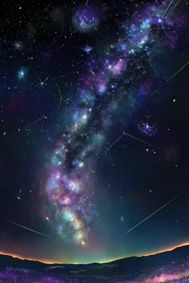 The world we see、Iridescent幻想的なNight Sky、constellation, Iridescentconstellation、Iridescent空包み込まれそうな瞬間，When the stars shine in rainbow colors、Astronomical observation、Planetarium、Meteors、colorful，美しいconstellation、Three-dimensional，wonderful景色，Night Sky，An atmosphere full of dreams and hope，masterpiece．16K, Ultra-high resolution, to be born,wonderful ,future、Iridescent、The world 30 years from now。