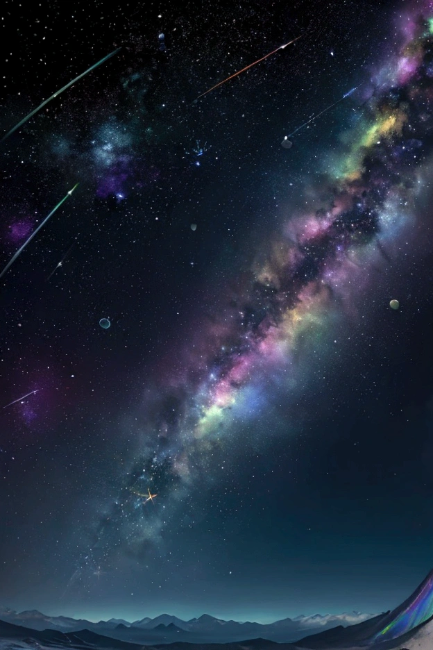 The world we see、Iridescent幻想的なNight Sky、constellation, Iridescentconstellation、Iridescent空包み込まれそうな瞬間,When the stars shine in rainbow colors、Astronomical observation、Planetarium、Meteors、colorful,美しいconstellation、Three-dimensional,wonderful景色,Night Sky,An atmosphere full of dreams and hope,masterpiece.16K, Ultra-high resolution, to be born,wonderful ,future、Iridescent、The world 30 years from now。
