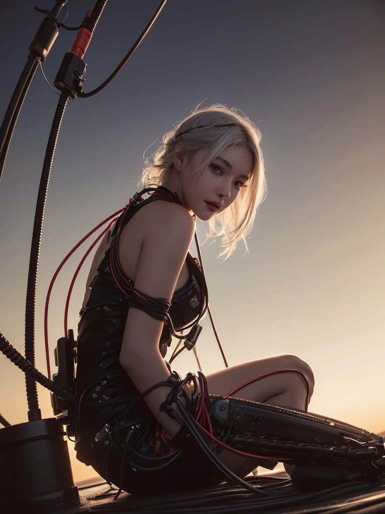 ((((masterpiece))), ((best quality))), ((ultra-detailed)), (CG illustration), ((an extremely delicate and beautiful)),(from side),cinematic light, ((1 mechanical girl)), single, full-body, (machine-made joint: 1.2), ( (mechanical limbs)), (blood vessels connected to tubes), (mechanical spine connected to back), ((mechanical cervical vertebrae attached to neck)), (sitting), forced laughter, (wires and cables around the neck: 1.2), (wires and cables on the head: 1.2) (character focus), sci-fi, extremely thin, colored, the finest white hair, red eyes, in battle, (knotted), (killing), (1 immortal)