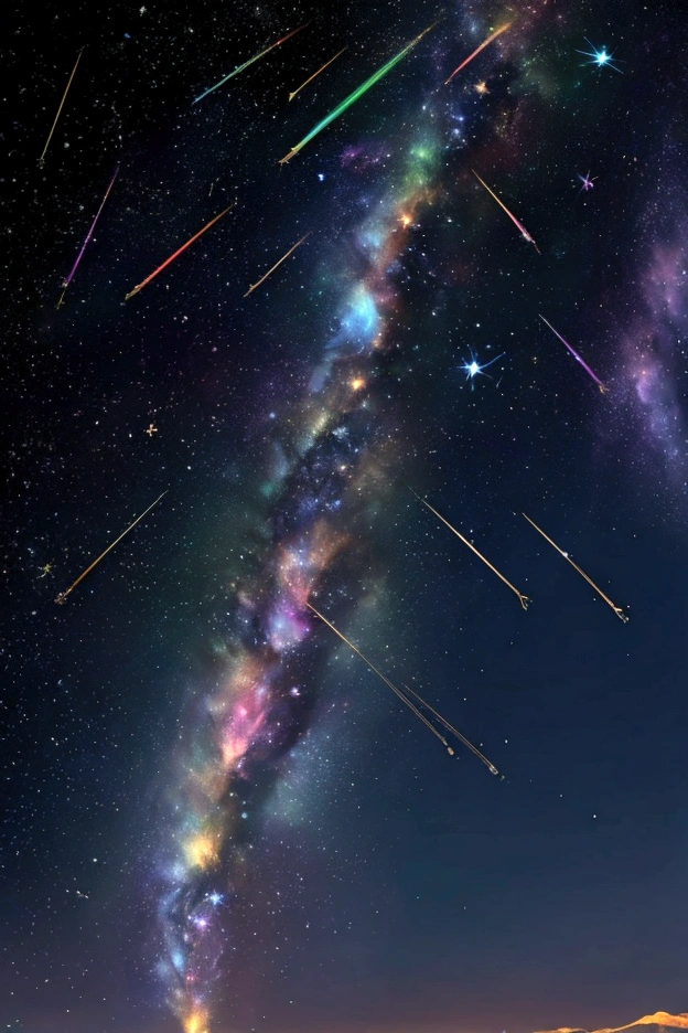 The world we see、Iridescent幻想的なNight Sky、constellation, Iridescentconstellation、Iridescent空包み込まれそうな瞬間,When the stars shine in rainbow colors、Astronomical observation、Planetarium、Meteors、colorful,美しいconstellation、Three-dimensional,wonderful景色,Night Sky,An atmosphere full of dreams and hope,masterpiece.16K, Ultra-high resolution, to be born,wonderful ,future、Iridescent、The world 30 years from now。
