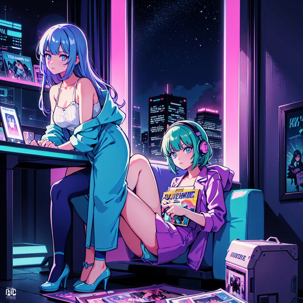 (masterpiece), Highest quality, Expressive eyes, Neon pastel aesthetics, Retro 90s, Neon color,((Girl sitting on sofa,In a cozy room,Records hanging on her wall, Comic books on the floor, Looking out the window behind her at the night city, Upholstered room, Anime figures lined up on a shelf)), Wearing headphones, (All around her it sparkles), (Wearing high socks and heels), (blue eyes), (Soft look), (Synthwave Art Style), Colorful Hair, Desk with PC set up