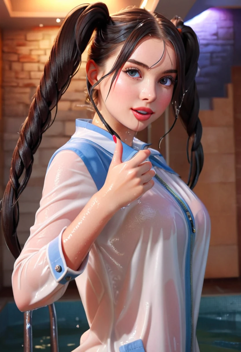 (correct anatomy), (full body: 1.9), a smiling girl with her tongue out making the finger pose, ((twin tails:2.0)), low angle shot, atmospheric background, beautiful detailed eyes, beautiful detailed lips, extremely detailed face and features, long eyelashes, elegant, graceful, photorealistic, 8k, highres, best quality, cinematic lighting, vibrant colors, stunning composition, ohwx woman, soakingwetclothes