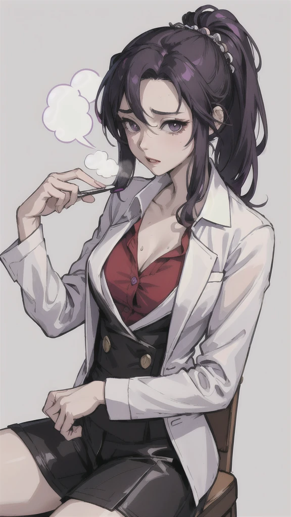 (masterpiece:1.5, best quality), (1lady, solo, upper body:1.2), black hair,purple dip-dye hair , forehead , purple eyes, Swallowtail butterfly head, Shinobu Kocho from “Demon Slayer”, black lab coat, a laboratory in the background, sit down on the chair, looking at the camera, white dress shirt, button-up shirt , shirt with all buttoned all buttons fastened, (ecstasy:1.3) ,(slut:1.2),(vulgarity:1.3),(fucked silly:1.1),(steam:1.1),(wet:0.8),(trembling:0.8),(tears:0.7) ,(drooling:0.6),(sweat:0.8), nsfw , skinny body, short height,