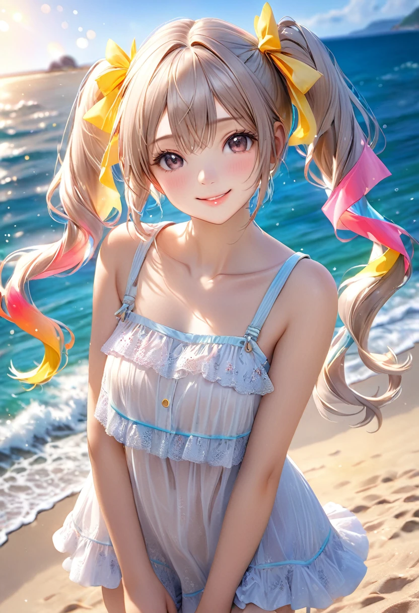 a cute angelic girl, [soft fluffy braided hair], ribbons, (((twin tails))), summer-like, [bright colored tiered dress], [subtle skin exposure], sandy beach, light smile, (best quality,4k,8k,highres,masterpiece:1.2),ultra-detailed,(realistic,photorealistic,photo-realistic:1.37),HDR,UHD,studio lighting,ultra-fine painting,sharp focus,physically-based rendering,extreme detail description,professional,vivid colors,bokeh,portraits,