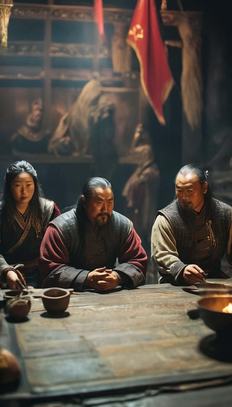 Genghis Khan with his family, showing a more personal and human side of the leader, background dark, hyper realistic, ultra detailed hyper realistic, photorealistic, Studio Lighting, reflections, dynamic pose, Cinematic, Color Grading, Photography, Shot on 50mm lens, Ultra-Wide Angle, Depth of Field, hyper-detailed, beautifully color, 8k