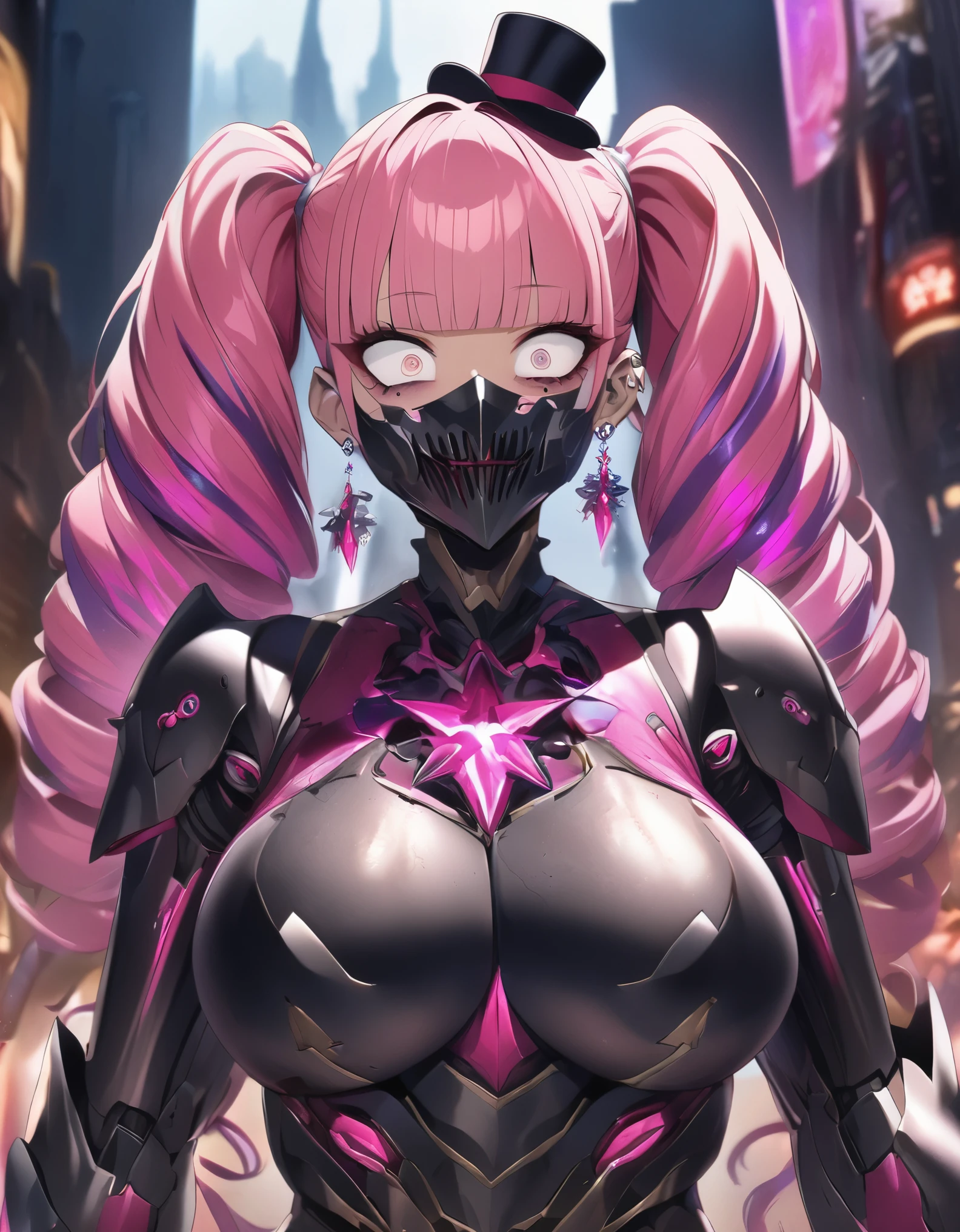 A female robot, Laser hair, Metal Black Armor, Metal Black Mask, multicolored hair, twintails, blunt bangs, mini top hat, mole under eye, crazy eyes, crystal earrings, crazy, social media composition, tachi-e, UHD, anatomically correct, textured skin, masterpiece, highres, 1080P, 16k