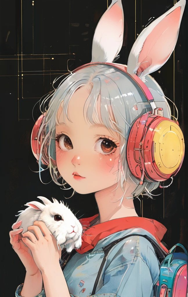 On a bright red campus"YES"Character、beautiful illustration, best quality, cute girl, bedroom, pastel color, fluffy bunny ears, , silver long hair, rabbit stuffed toy, bright lighting, light pink eyes、alone, One girl, profile,Black Bob, profile, The background color is solid yellow,An illustration