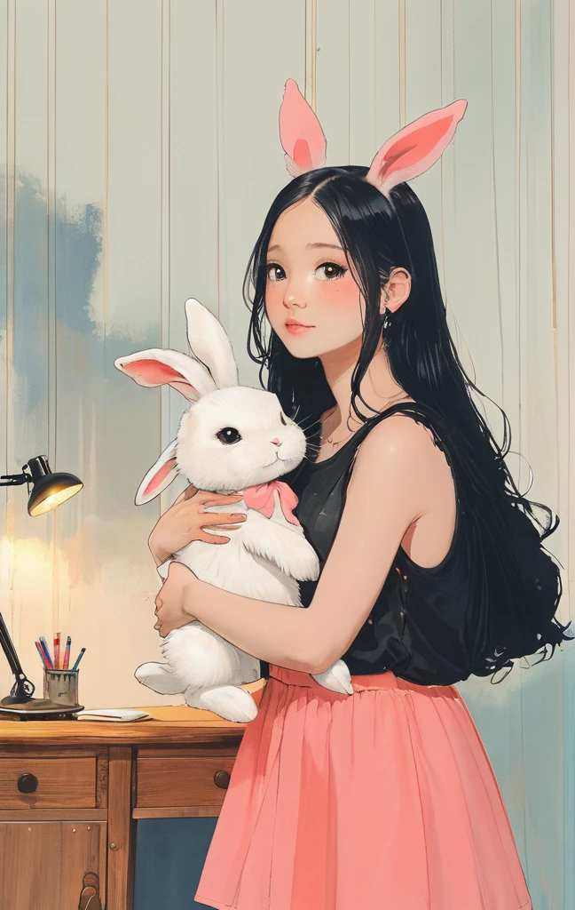 On a bright red campus"YES"Character、beautiful illustration, best quality, cute girl, bedroom, pastel color, fluffy bunny ears, , silver long hair, rabbit stuffed toy, bright lighting, light pink eyes、alone, One girl, profile,Black Bob, profile, The background color is solid yellow,An illustration