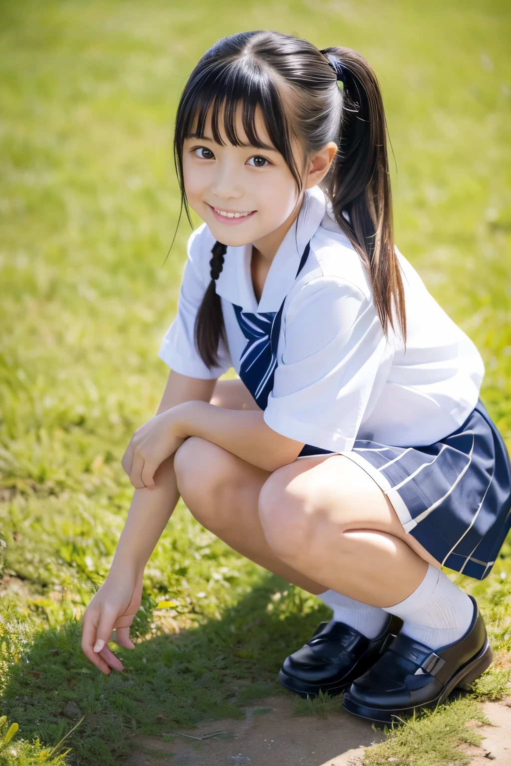 (((masterpiece))),  (Beautiful Japanese Girl, Classmate, Landscape and innocence，cute) ，Ultra-high resolution, Realistic, Ultra-detailed, 8K,Highest quality, Very detailed, Detailed Background,Slender,とてもBeautiful Japanese Girl, Detailed face:1.3), Full-body display，(Short ponytail，Black Hair :1.4), (Baby Face，cute系,Adorable 12 year old girl), (Perfect body:1.1),  (school uniform，mini skirt、Sweating、Small white panties), The best smile,非常にDetailed face、Beautiful thighs，Detailed lips、Detailed eyes、 gravure idol，Clear Skin，Crouching，Girl&#39;s Room