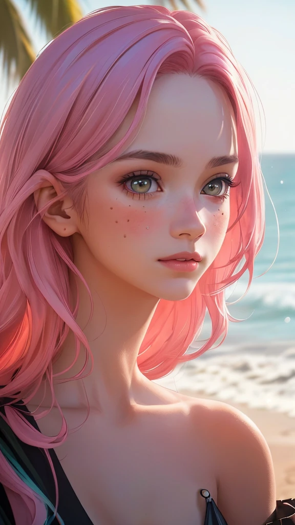 (best quality, masterpiece, perfect face, beautiful and aesthetic:1.2, colorful, dynamic angle, highest detailed face) pink hair, 18 years old pale girl, medium tits, blushing, beach, 35mm, bokeh, 9:16, (intricate details, hyperdetailed:1.15), detailed, sunlight passing through hair (high contrast, official art, extreme detailed, highest detailed),