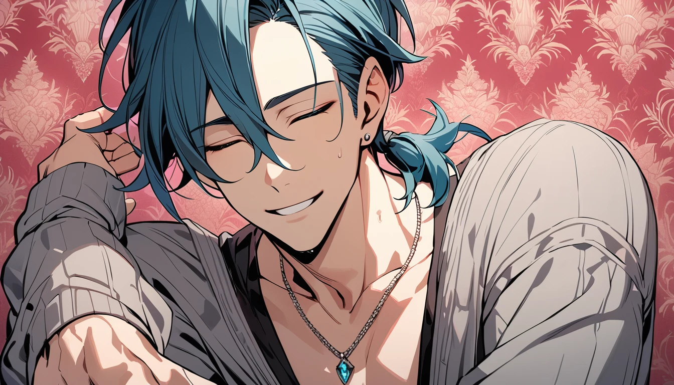 ((((best masterpiece, best quality, wallpaper,)))) solo, guy, male body, small muscles, flat chest, 1male, 30 years old, handsome man, dramatic angle, upper body, looking at viewers, beautiful detailed, seductive smile, mediumturquoise hair, ((((Lower short ponytail)))), asymmetrical bangs, ((short hair,)) ((( closed eyes, ^o^, tareme, droopy eyes,))) (((perfect face, extremely detailed eyes,))) perfect hands, sharp nose, clear face, black turtleneck, grey cardigan, ((silver piercing, pendant,)) leggings, pink background color ultrasharp, 8K, masterpiece,