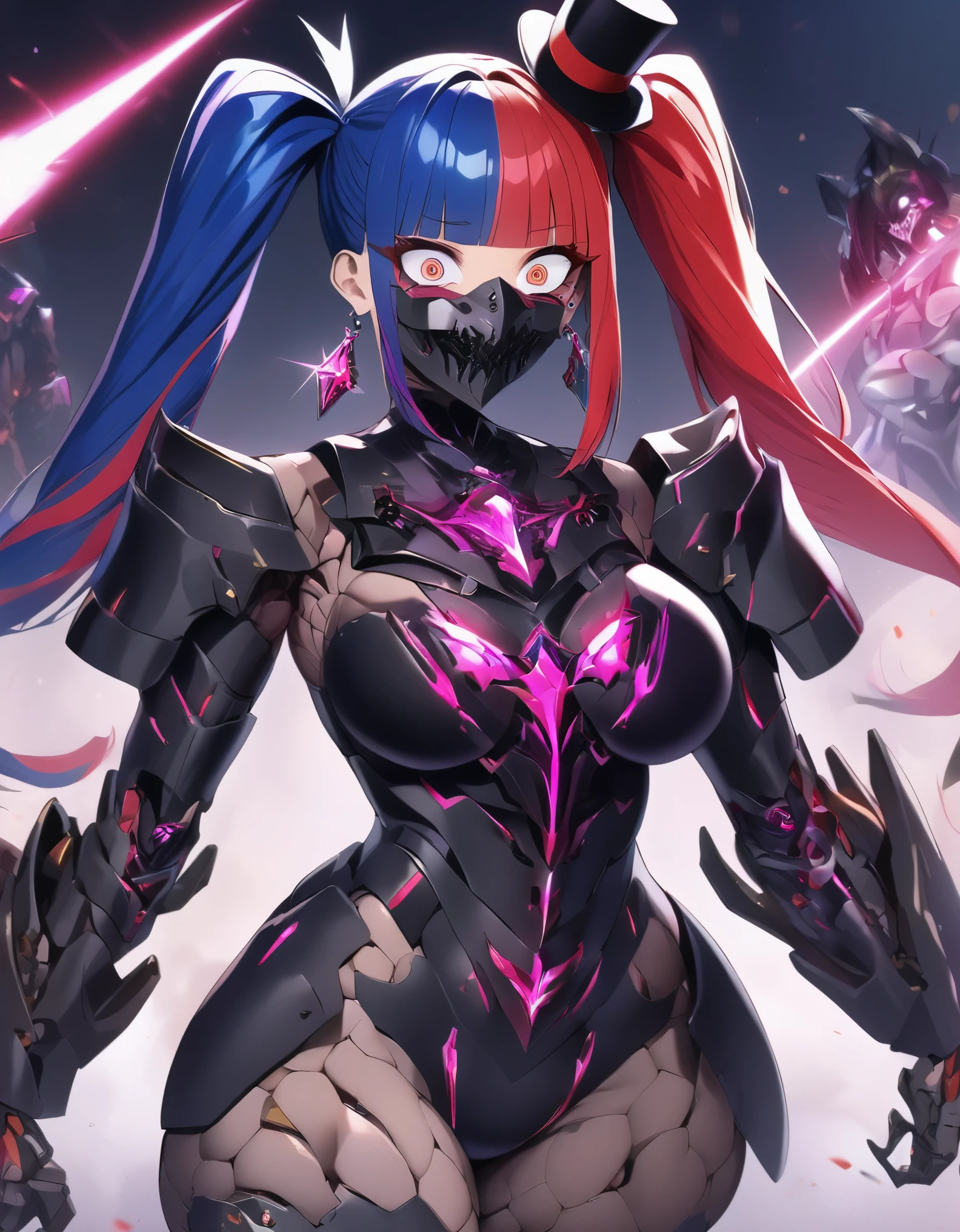 A female robot, Laser hair, Metal Black Armor, Metal Black Mask, multicolored hair, twintails, blunt bangs, mini top hat, mole under eye, crazy eyes, crystal earrings, crazy, social media composition, tachi-e, UHD, anatomically correct, textured skin, masterpiece, highres, 1080P, 16k