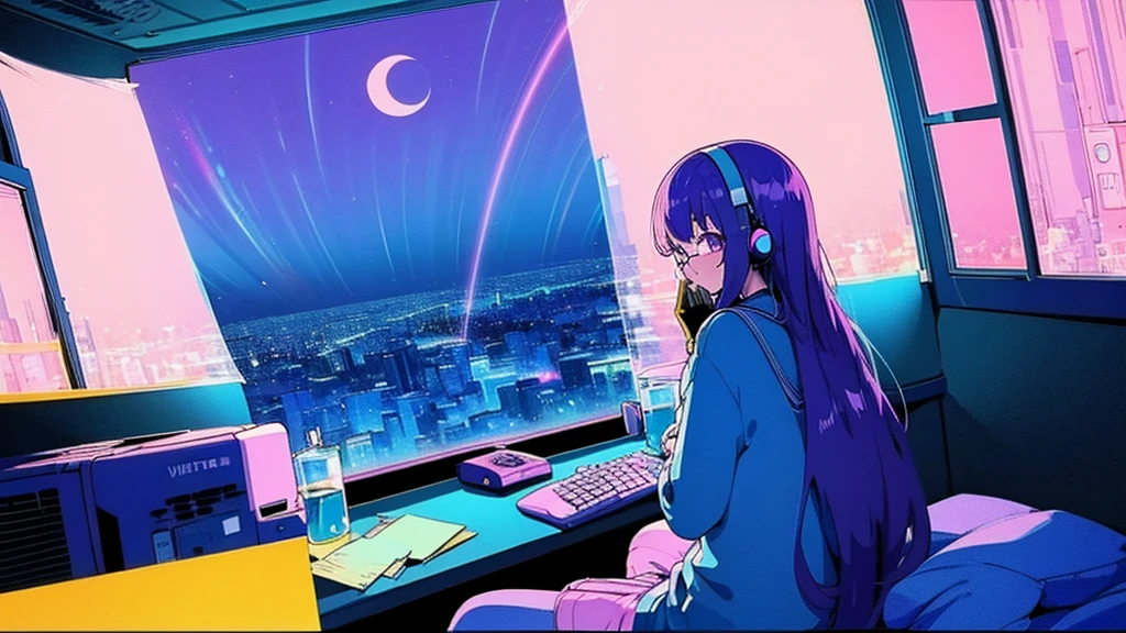 (from behind), Anime girl sitting in front of a computer in a cozy bedroom, Girl listening to music while studying in a cozy room (night), Using headphones, on the roof, (beautiful night views from windows), lots of things, 2D anime style, The aesthetics of anime in the 90s, lo-fi, long hair, very detailed, Hard disk, A mix of anime style and Fujifilm, surreal, 8K, masterpiece, violet eyes,black gloves, round glasses, long sleeves,violet hair, round glasses, Flat Chest, smile, pantyhose