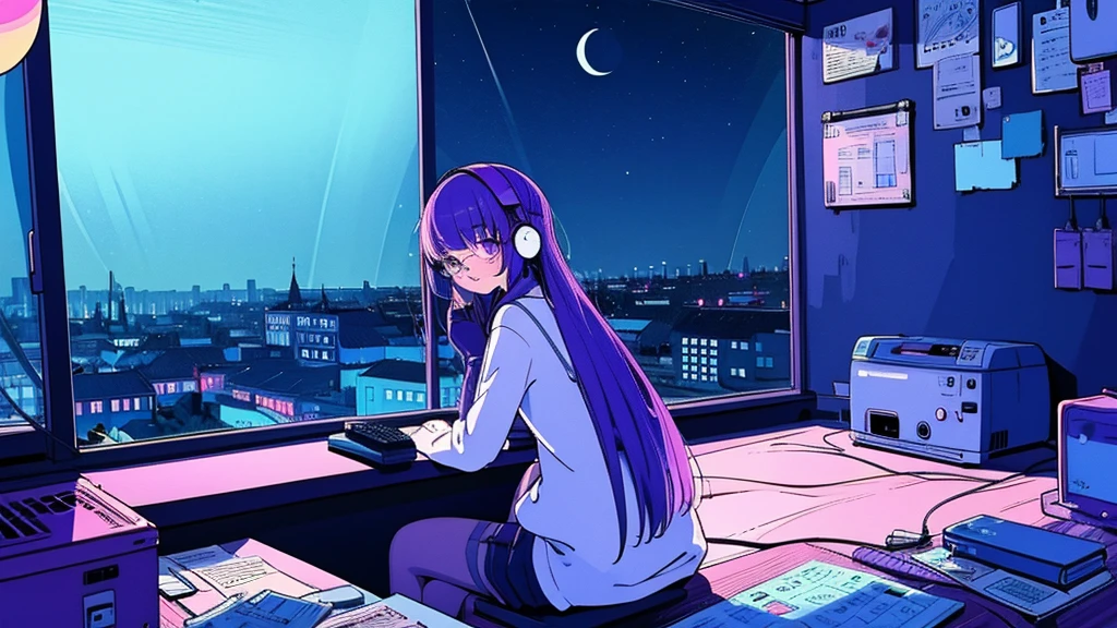 (from behind), Anime girl sitting in front of a computer in a cozy bedroom, Girl listening to music while studying in a cozy room (night), Using headphones, on the roof, (beautiful night views from windows), lots of things, 2D anime style, The aesthetics of anime in the 90s, lo-fi, long hair, very detailed, Hard disk, A mix of anime style and Fujifilm, surreal, 8K, masterpiece, violet eyes,black gloves, round glasses, long sleeves,violet hair, round glasses, Flat Chest, smile, pantyhose