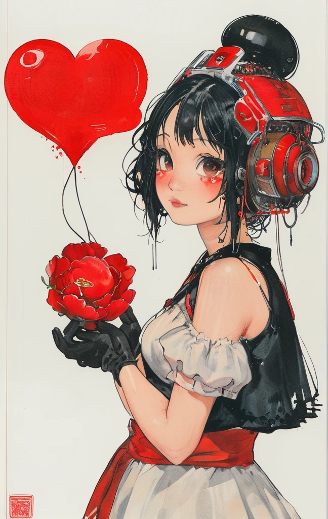 masterpiece, best quality, 1girl, gloves, solo, tongue, red background, black gloves, tongue out, long hair, elbow gloves, bangs, puffy sleeves, open mouth, grey hair, short sleeves, looking at viewer, hands on own face, upper body, blunt bangs, puffy short sleeves, colored tongue, heart, black dress, dress, hands on own cheeks, red eyes, facial mark, crown, simple background, tattoo, string, teeth, halftone