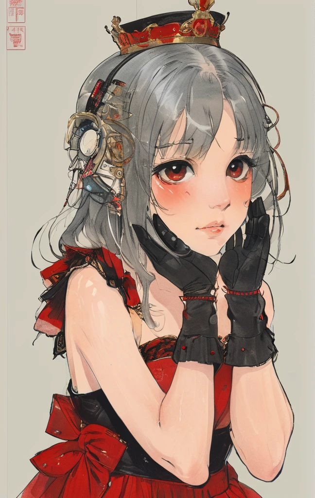 masterpiece, best quality, 1girl, gloves, solo, tongue, red background, black gloves, tongue out, long hair, elbow gloves, bangs, puffy sleeves, open mouth, grey hair, short sleeves, looking at viewer, hands on own face, upper body, blunt bangs, puffy short sleeves, colored tongue, heart, black dress, dress, hands on own cheeks, red eyes, facial mark, crown, simple background, tattoo, string, teeth, halftone