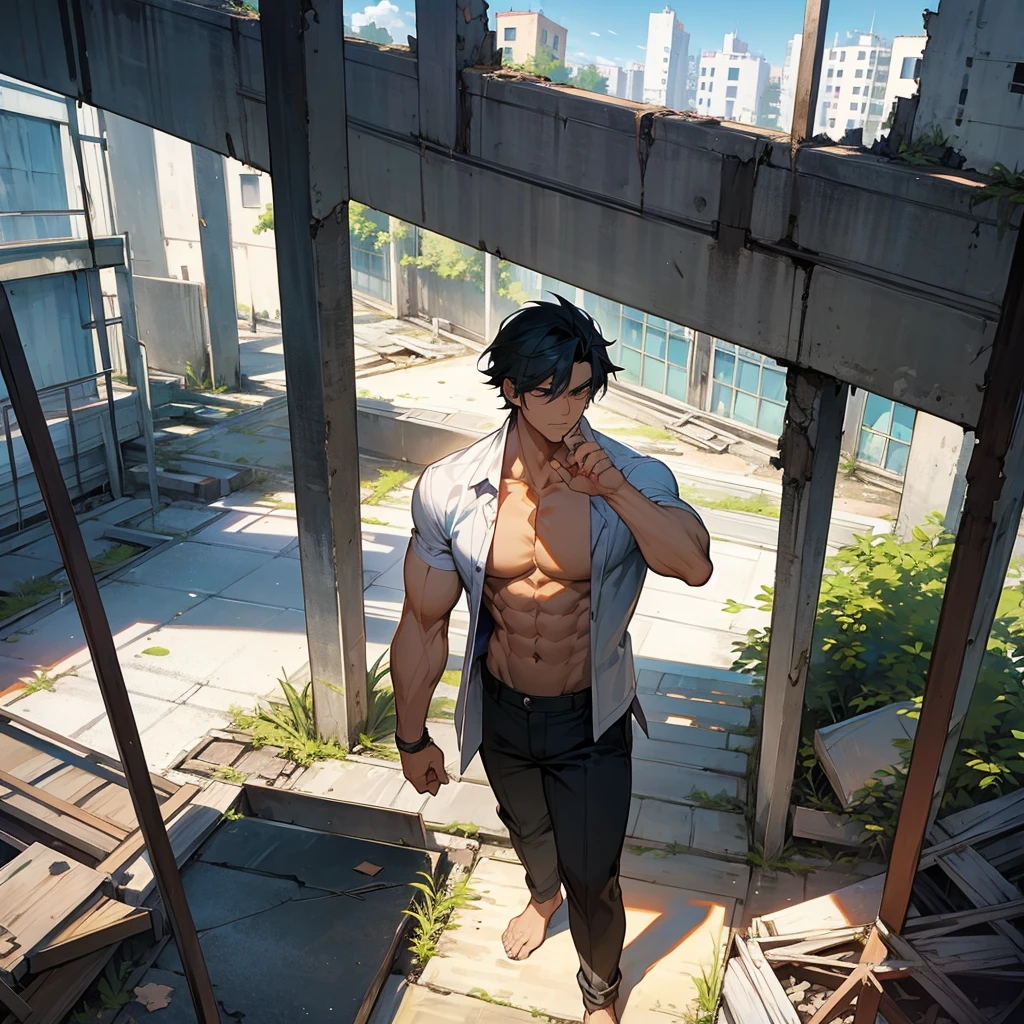 handsome boy, muscular and the background is abandoned building