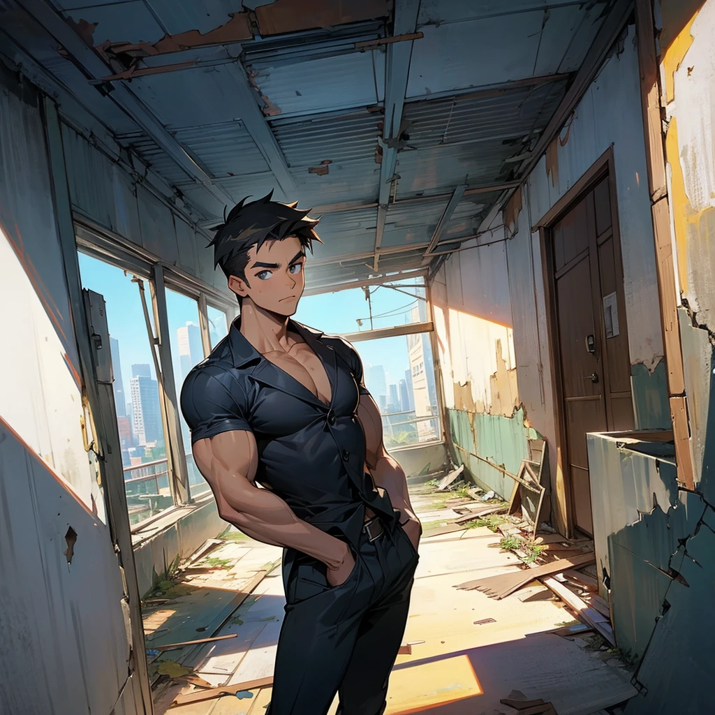 handsome boy, muscular and the background is abandoned building