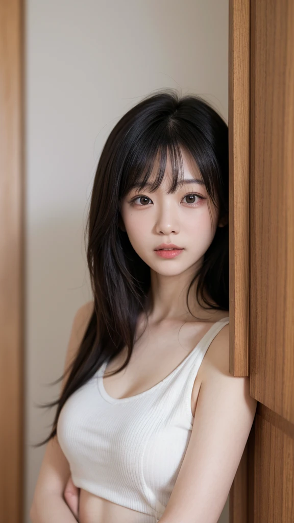 (((Ultra-high resolution、close、Cute Japanese Woman)))、length, Straight black hair frames her face、So that every single hair is clearly visible、Depicts subtle color changes depending on the amount of light hitting the subject、The skin is white and smooth、Has a natural glow、Fine skin、毛穴のExpressing every detail、amountや頬に薄い赤みがある部分を詳細に、The eyes are almond-shaped、that'Dark brown.、About Iris、Expressing color gradations and patterns、length, Natural Eyelashes, thatぞれが見える、well-groomed eyebrows、personal々The hair is clearly visible、Light reflects off the eyes、Create small highlights、noseは繊細で、nose孔の細かいディテールがある、Lips are plump and naturally pink、Draw the fine lines and soft curves of your lips、Shiny、Accentuate the shape、Detailed depiction of lip texture、Particular attention is paid to the depiction of light and shadow...、Soft natural light gently illuminates your face from the front、amount、nose、Gives cheeks a subtle glow、The shadows are softly cast along the contours of the face...、cheekbone、Jaw Curve、noseの側面を強調、Her lip gloss reflects the light subtly....、Emphasizes plump texture、The shadows in the hair add depth and dimension.、personal々Your hair shines in the light、The background is simple and blurry.、Focus on the face、Highest quality、Expressing every detail