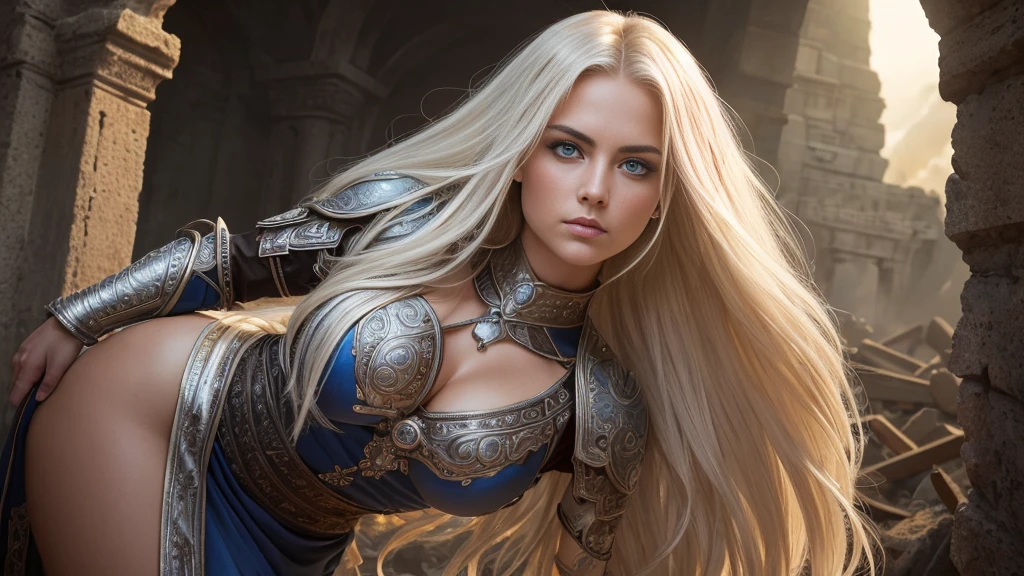 fot, (fullcolor:1.2), deep shadow, (Background Temple in Ruins:1.3), ((photogenic, rule of thirds)), raw photo of (Scandinavian Goddess, beautiful highly detailed nordic woman:1.2), photo by full body, (Long Dynamic Layered Platinum Blonde Curvy Hair Colors:1.4), (beautiful highly detailed face:1.3), ( highly detailed honey colored skin:1.2), smooth and glowing skin tone, (full eyes, full face:1.1), (glare eyes:1.2), extremely detailed eye and face, (light heavenly blue eyes:1,2), fringes, (wearing a medieval costume, plate armor, silk fabric, Extremely detailed in rich color texture, black tones, Abdomen, legs and arms exposed), (Average breast size: 1.2), in UE5 setting and 4x rendering with this realistic and dynamic photo, (large shot). Captured in stunning 4K and 8K resolution, utilizing advanced camera equipment, including the Kodak Funsaver disposable camera, sharp focus, Film grain, Fujifilm XT3, dynamic lighting, eyeshadows, (photo taken under the morning sun, retro lit: 1.2)