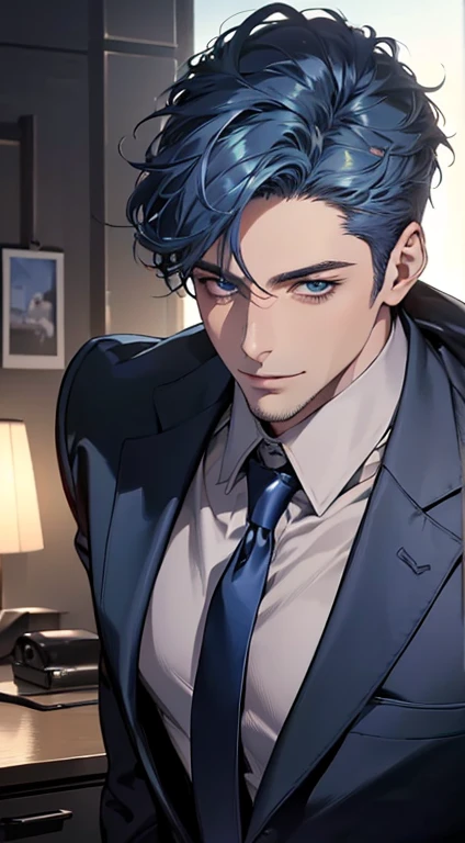 (best quality,4k,8k,highres,masterpiece:1.2),ultra-detailed,(realistic,photorealistic,photo-realistic:1.37),1 man,31 years old,mature man,very handsome,without expression,smile,short blue hair,blue eyes,penetrating gaze,perfect face without errors,imposing posture,businessman,office background,cinematic lighting,hdr image