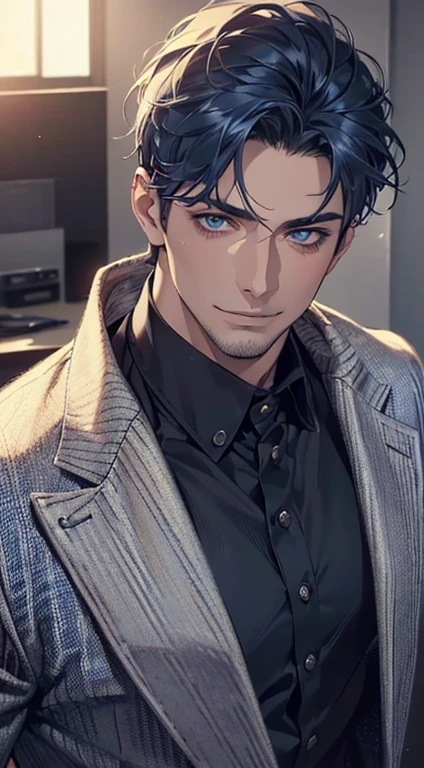 (best quality,4k,8k,highres,masterpiece:1.2),ultra-detailed,(realistic,photorealistic,photo-realistic:1.37),1 man,31 years old,mature man,very handsome,without expression,smile,short blue hair,blue eyes,penetrating gaze,perfect face without errors,imposing posture,businessman,office background,cinematic lighting,hdr image
