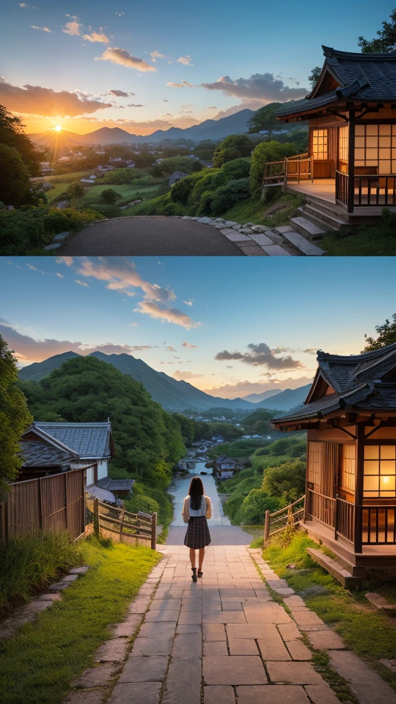 Landscape painting、Japanese village scenery、Photo Style、evening、A high school girl is standing facing backwards、evening、sunset、