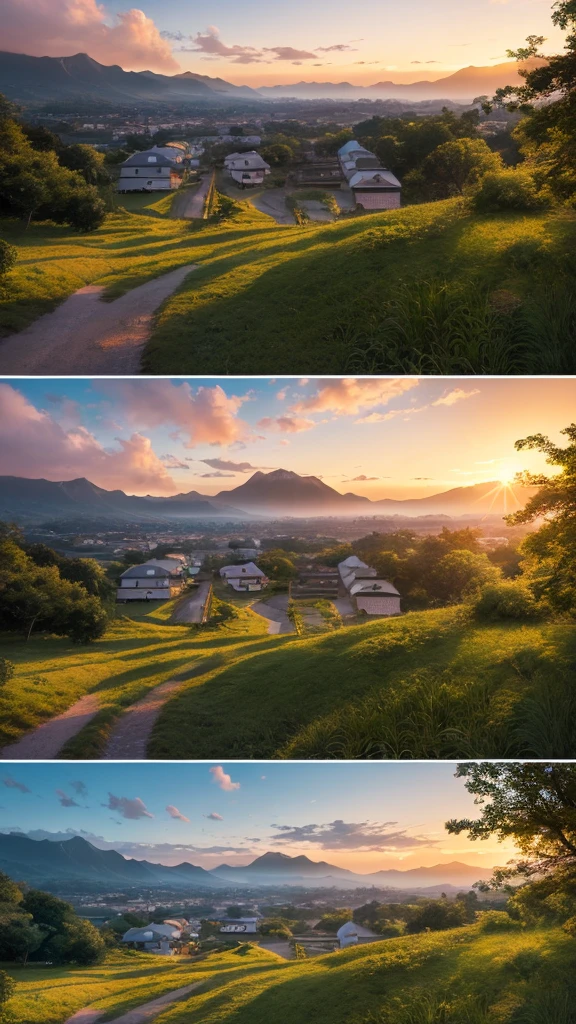 Landscape painting、Japanese village scenery、Photo Style、evening、A high school girl is standing facing backwards、evening、sunset、