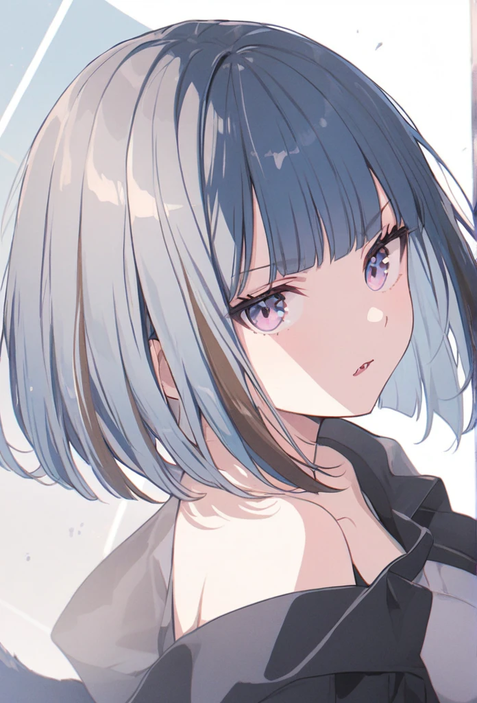 anime,(pale colors:1.8),long shot, 1girl, (on right:1.3), solo, cat mouth, dynamic angle, holding long stick, cudgels, serious, fang, blue hair, bobcut, straight hair, racoon ears, racoon tail, (brown streaked hair:1.3), (blunt bangs) ,thick eyebrows, big breast, off shoulder clothes, cutout, striped background, shadow,
