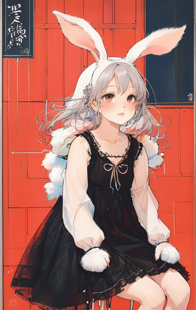 On a bright red campus"YES"Character、beautiful illustration, best quality, cute girl, bedroom, pastel color, fluffy bunny ears, , silver long hair, rabbit stuffed toy, bright lighting, light pink eyes、alone, One girl, profile,Black Bob, profile, The background color is solid yellow,An illustration