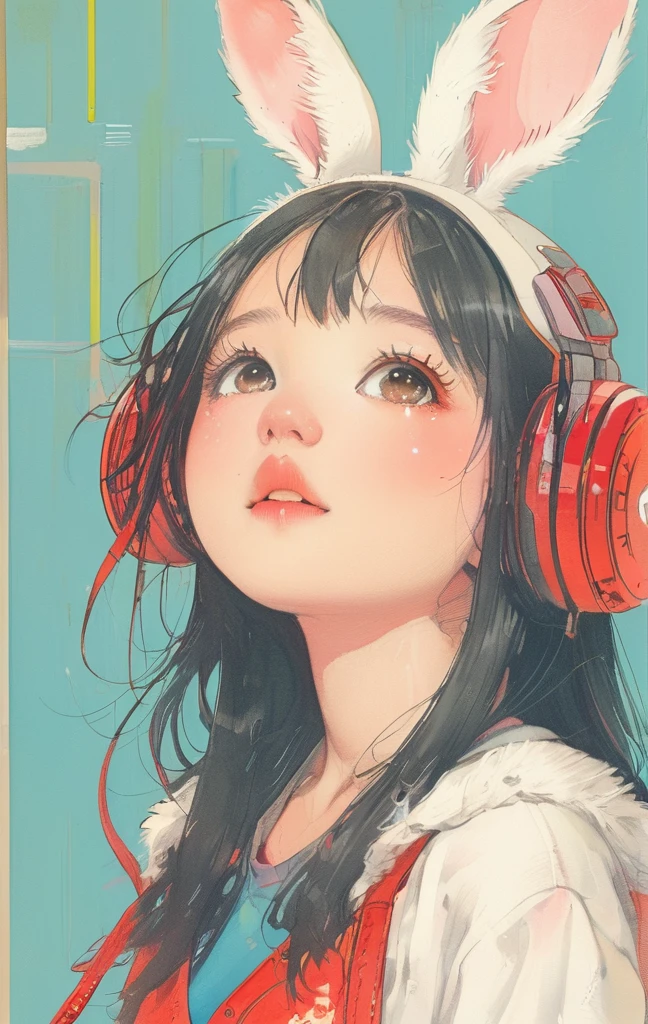 On a bright red campus"YES"Character、beautiful illustration, best quality, cute girl, bedroom, pastel color, fluffy bunny ears, , silver long hair, rabbit stuffed toy, bright lighting, light pink eyes、alone, One girl, profile,Black Bob,　profile,  The background color is solid yellow,An illustration