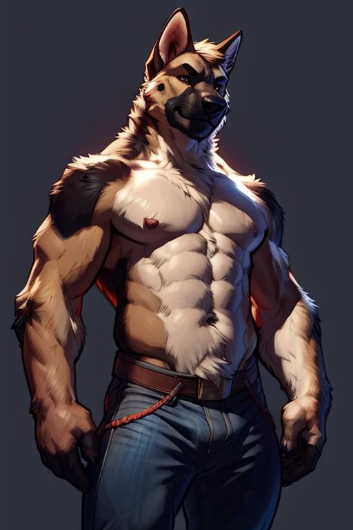 furry, anthro, black german shepherd:1.5, solo, average male, wearing blue jean and shirtless:1.4, super detailed, detailed face, best art, 8k, vibrant, by snowskau:0.4, by taran fiddler:1.8, by RedRusker:1.8, art stile, 3D, halfbody,sfw