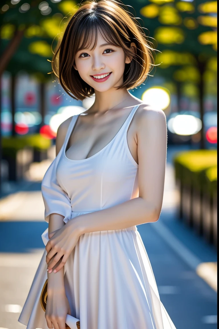 8K、best image quality、smile、masterpiece、spring、short hair、fine eyes、small breasts、A refreshing smile、Female college student、Dimples、New summer dresses、Clear system、attending university、Ruck sack