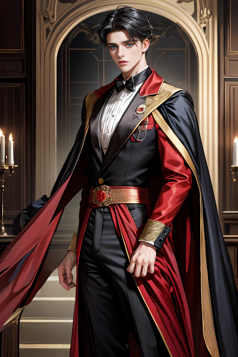 masterpiece, 最high quality, high quality, 1 boy, alone, Male focus, Watching the audience, Messy black hair, Adorable big blue eyes, White people, Noble, Noble,Sexy voluminous black and red cape、Tuxedo、A very voluminous, large, very large, very large, long, long red and black cape with a high stand-up collar, reaching down to the floor, made of a lot of fabric., 17 years old,Cute beautiful boys,Cute, cute, kind, handsome guy