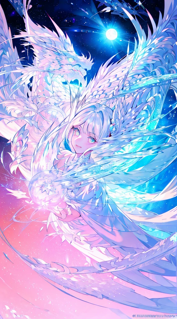 white dragon girl，（Cute Girl），teenage girl，stare，Absolutely beautiful.，exquisite face，white fluorescent tulle，A small white dragon surrounded him.，white flame particle effect，Dragon Feather Decorated with white feathers.，（(Cute face）)，glowing scales，Focus on the face，Detailed background，white dragon background，splash of color，Masterpiece，soft，angel，angelอากาศกระพือ，Surreal and realistic，Popular CG renderings，Highest picture quality，crystal，big moon moonlight background，Moisturized lips，8K