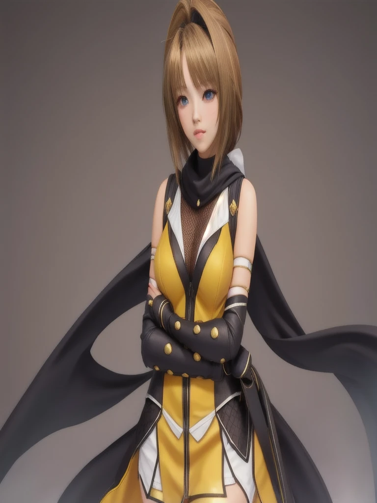 takamori haruka, One girl,Ninja,neckerchief,mini skirt,Fingerless gloves, White Skirt, White legwear, 黄colorのドレス,Fishnet tights, (Ultra extreme detailed),(Masterpiece),(Ultra extreme),(Realistic),CG,(color:1.2), Beautiful lighting,Light from the front,Official Art,Dark Light,最high quality,4K,8K, high quality, Game CG,