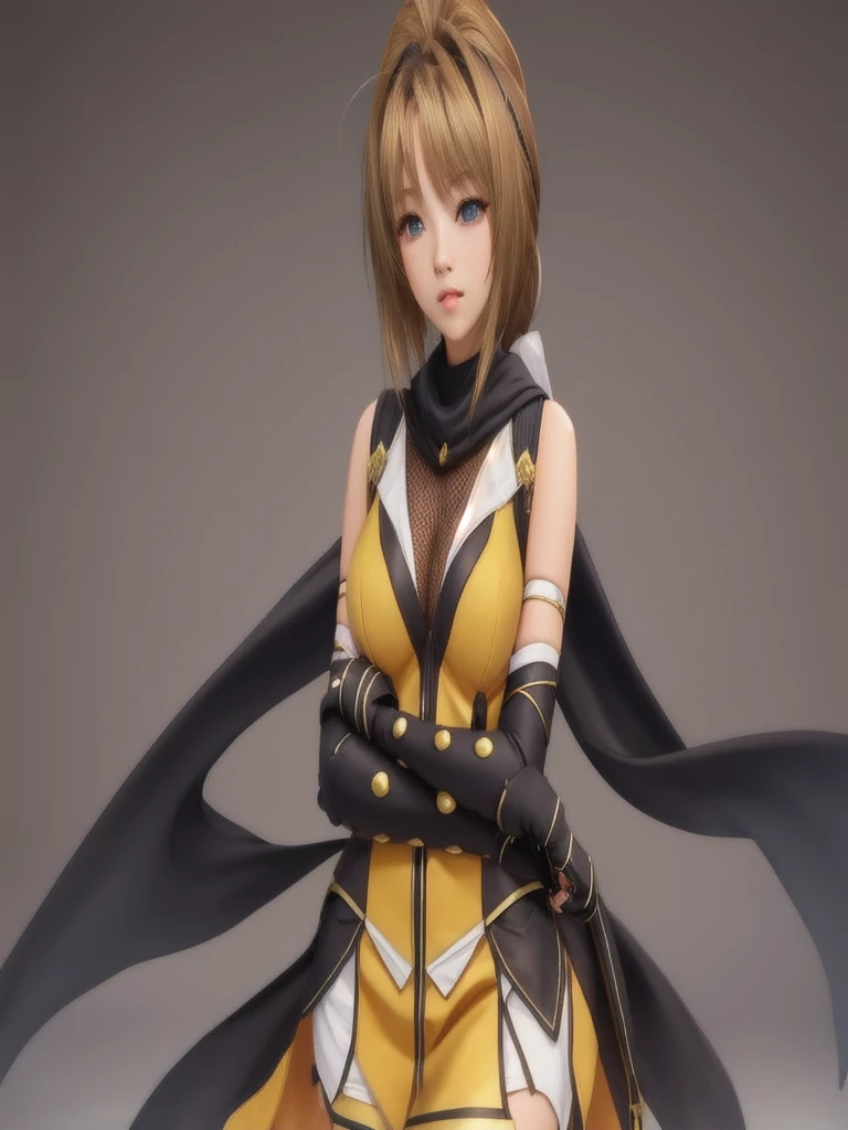 takamori haruka, One girl,Ninja,neckerchief,mini skirt,Fingerless gloves, White Skirt, White legwear, 黄colorのドレス,Fishnet tights, (Ultra extreme detailed),(Masterpiece),(Ultra extreme),(Realistic),CG,(color:1.2), Beautiful lighting,Light from the front,Official Art,Dark Light,最high quality,4K,8K, high quality, Game CG,