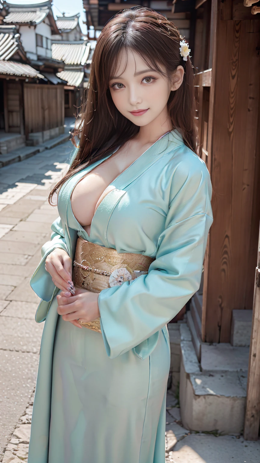 (((Regular dressing:1.5))),(Surreal), (High resolution), (8K), (Very detailed), (Best illustrations), (Beautifully detailed and sparkling eyes), (Highest quality), (Very detailedな), (masterpiece), (wallpaper), (Detailed face), (Beautiful smile)、(Beautiful expression)、alone、(((Big Breasts)))、Looking into the camera、((Glamorous Body))、(((Edo Town、Beautiful kimono)))