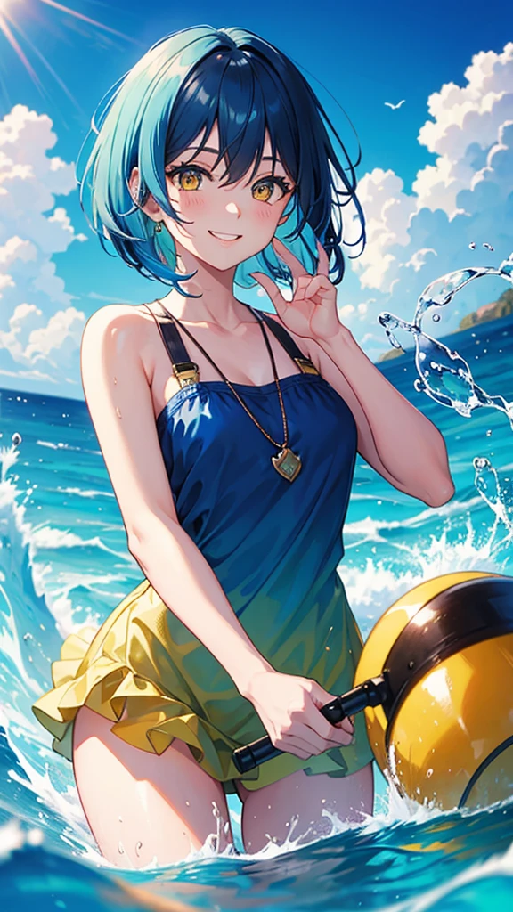 Blue hair, bob hair, Yellow eyes,water splash,smile,sea