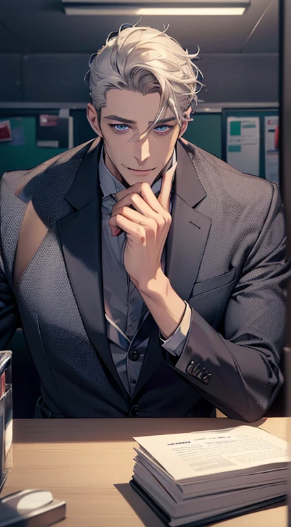 (best quality,4k,8k,highres,masterpiece:1.2),ultra-detailed,(realistic,photorealistic,photo-realistic:1.37),1 man,31 years old,mature man,very handsome,without expression,smile,short grey hair,blue eyes,penetrating gaze,perfect face without errors,imposing posture,businessman,office background,cinematic lighting,hdr image