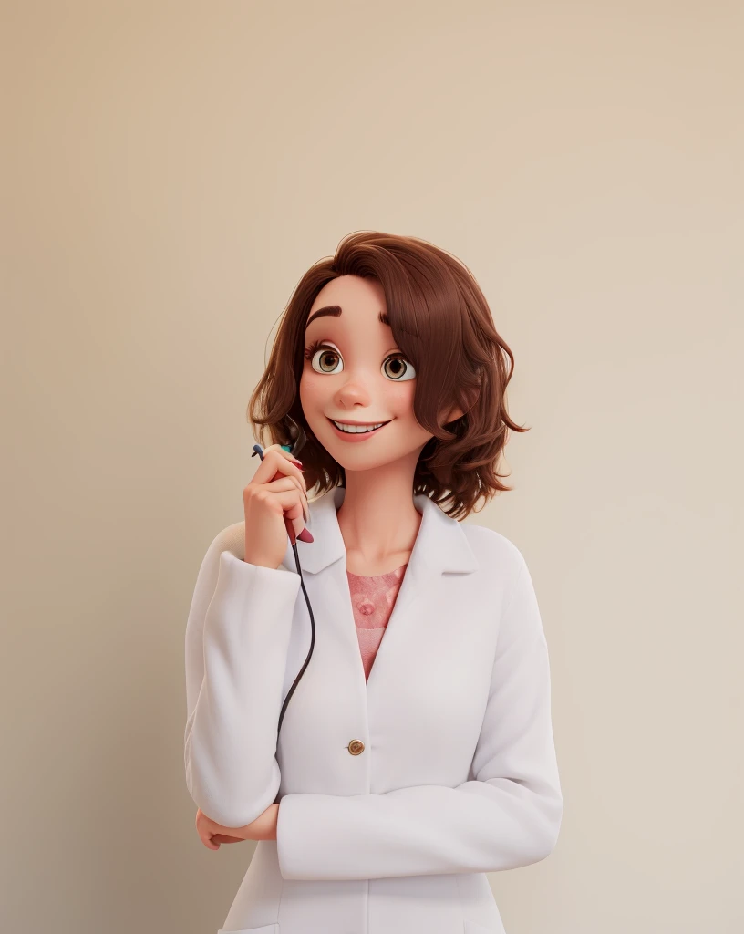 thin woman, 3d pixar style, short dark brown hair, slanted eyes, smiling, in a white coat, beauty professional, has an eyebrow tweezer in her hands, with the background of the film scene amusingly minded
