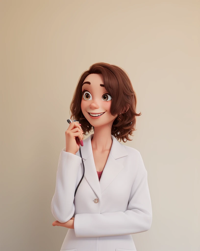 thin woman, 3d pixar style, short dark brown hair, slanted eyes, smiling, in a white coat, beauty professional, has an eyebrow tweezer in her hands, with the background of the film scene amusingly minded