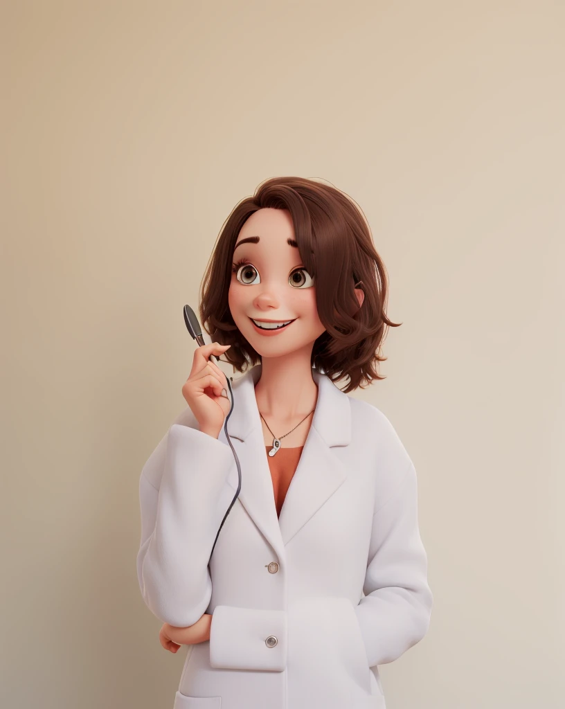 thin woman, 3d pixar style, short dark brown hair, slanted eyes, smiling, in a white coat, beauty professional, has an eyebrow tweezer in her hands, with the background of the film scene amusingly minded