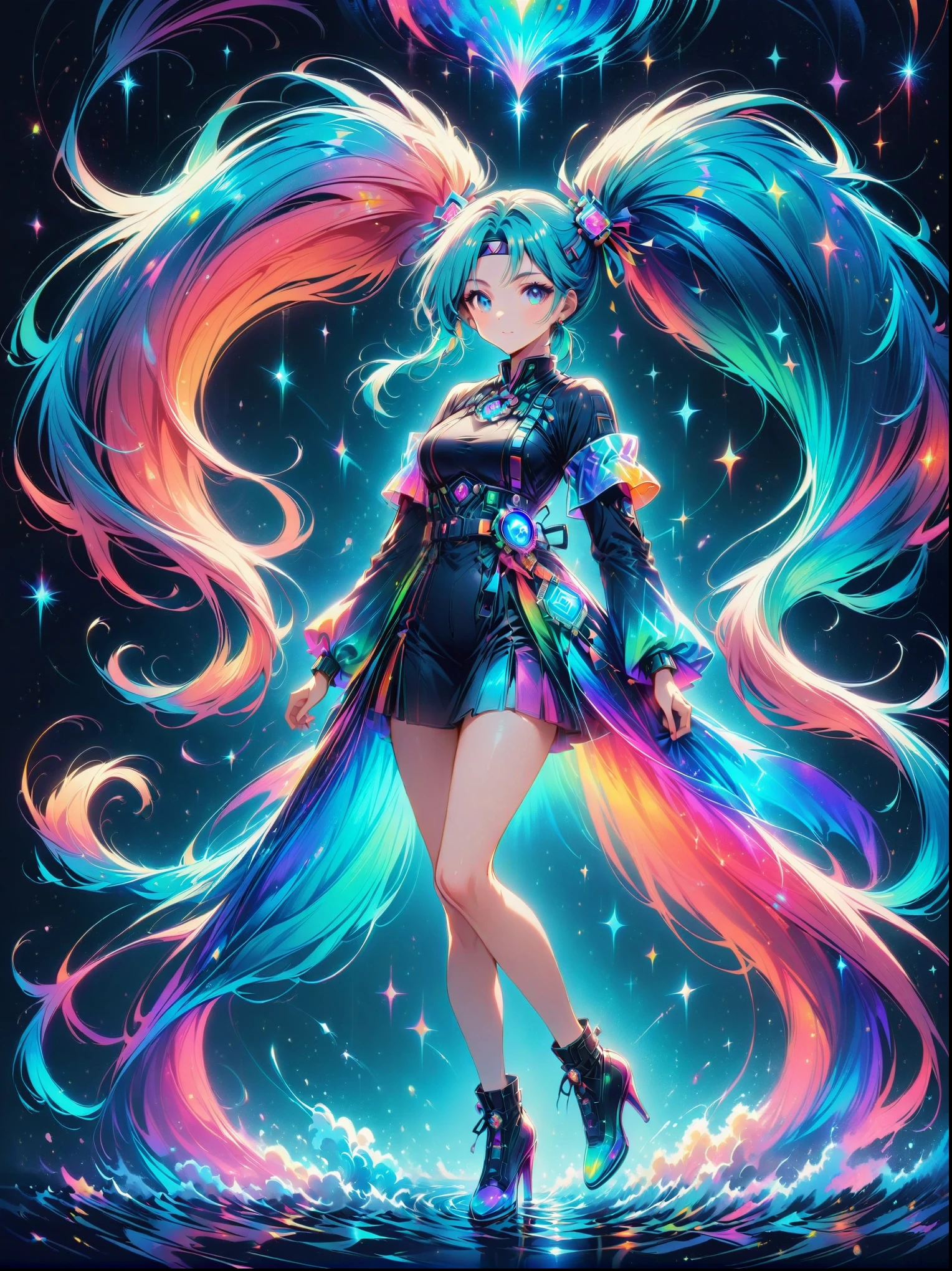 (A young woman with cyan hair in double ponytails:1.5)，Wearing a futuristic outfit，Consists of an electronic-themed dress，(She was wearing transparent high heels made of electronic elements.:1.3)，Her headband consists of a square-shaped emblem.，Hanging ribbons，The color palette includes cyan，black and white，The overall tone is colorful and vibrant，(Full body shot:1.5)，(Vision:1.5)