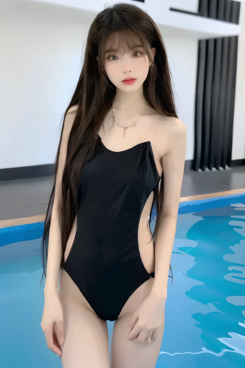 Beautiful woman with perfect body:1.4,Layered Hairstyle,Highly detailed face and skin textures,Double eyelids,Skin Whitening,Long hair,Whitened long legs,(Black swimsuit,necklace),Standing by the pool,Half-length photo