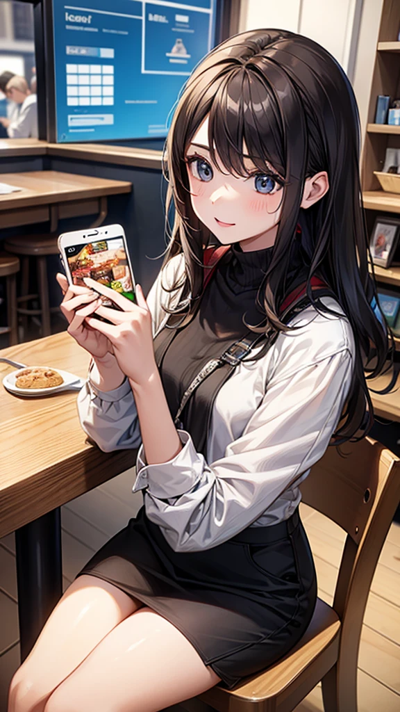 While operating a smartphone in a cafe、A young female influencer posting about the SDGs on social media